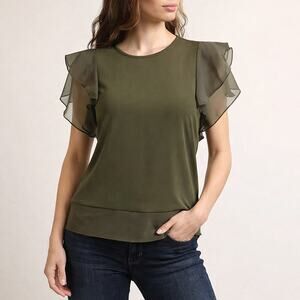 Calvin Klein Olive Green Sheer Flutter Sleeve Blouse Women’s XS